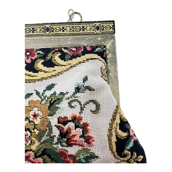 Floral Petit Point Tapestry Evening Clutch Bag Chain Handle Kiss Lock Vintage - Picture 5 of 9